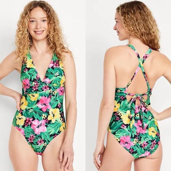 Old Navy Tie-Back One-Piece Swimsuit Tropical Floral Size XL - Picture 2 of 12